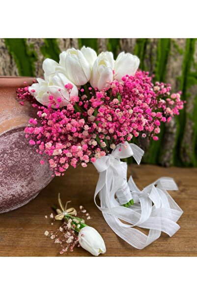 Nettenevime Gelin Çiçeği Yapay Çiçek Beyaz Islak Lale Ve Pembe Cipso Aranjman...
