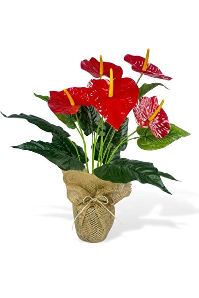 Nettenevime Yapay Çiçek Antoryum Keten Saksılı Yapay Bitki Salon Çiçeği Kırmızı