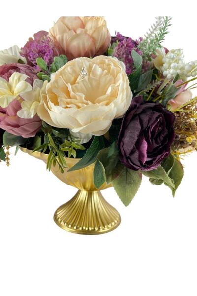 Nettenevime Yapay Çiçek Aranjmanı Desenli Metal Gold Vazolu Kahve Somon Pudra Tonlu Gülller Masa Üstü Çiçeği Ara