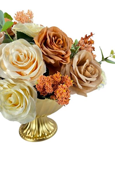 Nettenevime Artificial Flower Arrangement Patterned Dish Metal Gold Vase Coffee Salmon Powder Tone Roses Table Top Flower