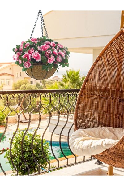 Nettenevime Yapay Çiçek Sarkaç Askılı Makreme Sepette Açelya Pembe Çiçek Sepeti