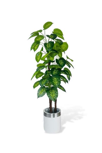 Nettenevime Τεχνητό λουλούδι Difenbahya Yellow Green 3 Στρώσεις 160cm 54 Φύλλα Τεχνητό φυτό σε λευκή γλάστρα με ασημί ζώνη