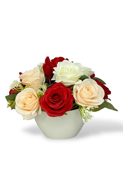 Nettenevime Yapay Çiçek Aranjmanı Gondol Vazoda Kırmızı Beyaz Tonlarında Güller