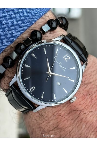 Pierre Cardin Brand Black Leather Cord Calendar Men's Wrist Watch + Bracelet