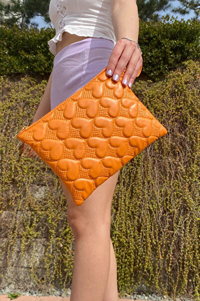 Defnella Orange Heart Patterned Clutch Bag 25X19 cm