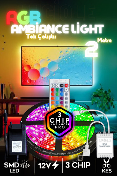 luciole Tv Arkası Çocuk Yatak  Odası Mutfak salon Rgb Şerit Led uzaktan kumandalı Tak Çalıştır 2 Metre