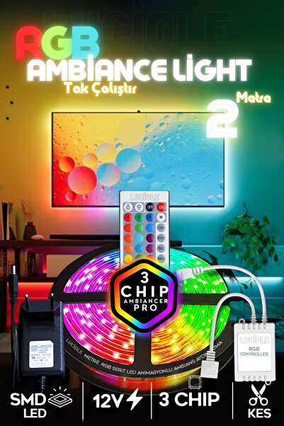 luciole 2 Metre Tv Arkası Tak Çalıştır 16 Renkli 4 Animasyonlu Yatak Odası Mu...