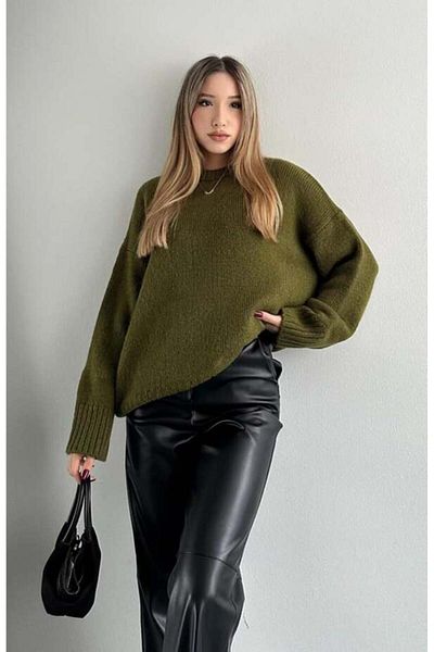 yeditepe fashion Khaki Color Oversize Knitwear Women's Sweater - Crew Neck