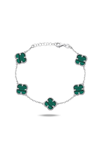 Inure Jewelry 925 Ayar Gümüş Çoklu Yonca Malahit Taşlı Bileklik