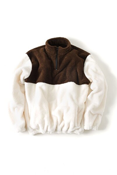 No Plan Мъжки кафяв плюшен пуловер с голям джоб и цип