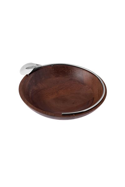 Dania A wooden serving platter with a metal lily decor, silver color and multi-use
