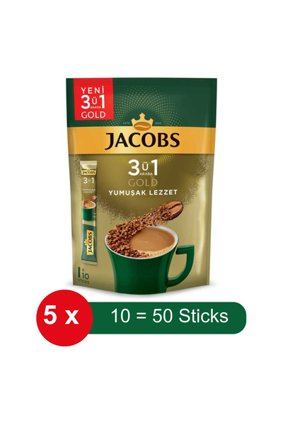 Jacobs 3 في 1 قهوة ذهبية سريعة التحضير بنكهة ناعمة - 10 عبوات × 5 قطع