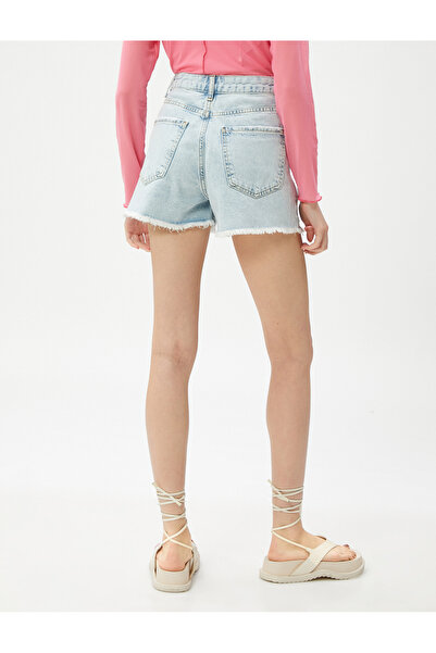 Koton Yırtık Kot Şort Yüksek Bel Cepli Pamuklu