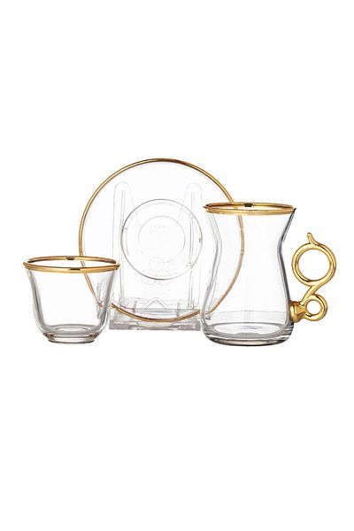 Byblos 18 Piece Tea Set With Saucers And Saudi Coffee Made Of Turkish Glass With Golden Calligraphy