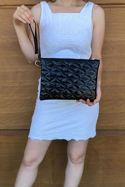 Bagfoni Black Patent Leather Triangle Patterned Clutch Clutch Bag