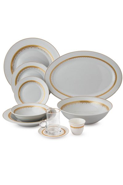 Dania 70-Piece Porcelain Dining Set White Color With Golden Font Enough For 6 People