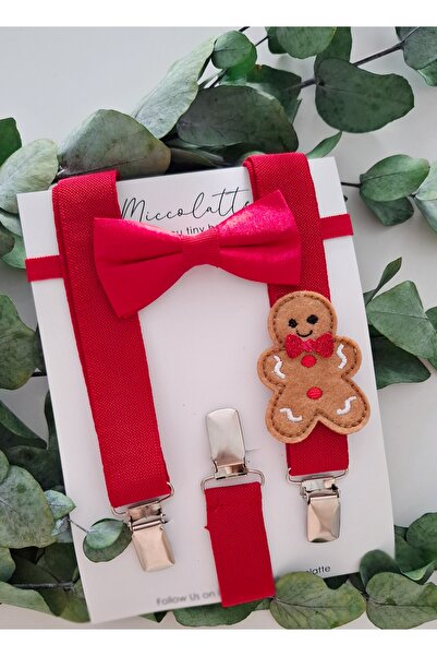 miccolatte for you tiny heart Boy's Gingerman / Cookie Man Pants Strap and Satin Bow Tie Set 0-24 Months