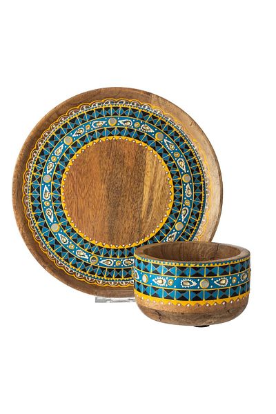Dania Hand-Carved Natural Wood Bowl And Plate Set
