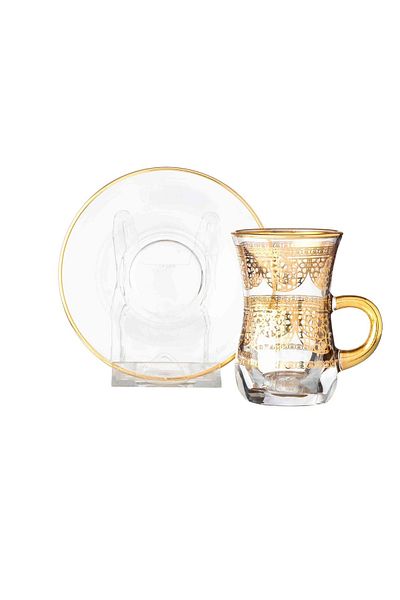 Byblos A transparent glass Turkish tea set consisting of 6 cups and 6 saucers with golden decor