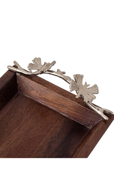 Dania Rectangular wood tray with butterfly decor metal handle