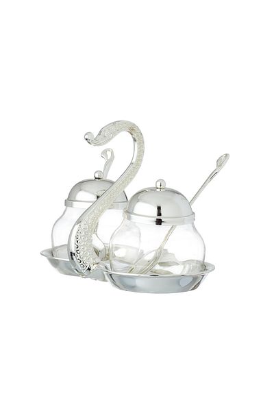 Dania Double Glass Sugar Bowl With Silver Metal Swan Decorative Holder + Metal Spoon