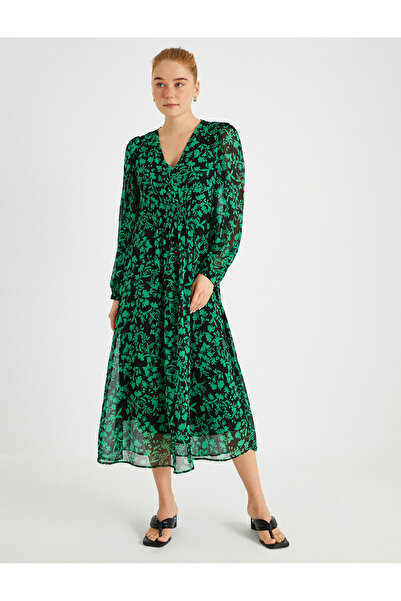 Koton Φόρεμα σιφόν μίντι μακρύ μανίκι με λαιμόκοψη V