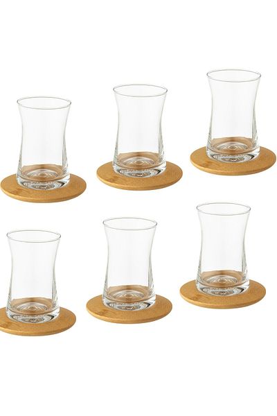 Dania Tea set of 6 glass cups with 6 wooden tea saucers