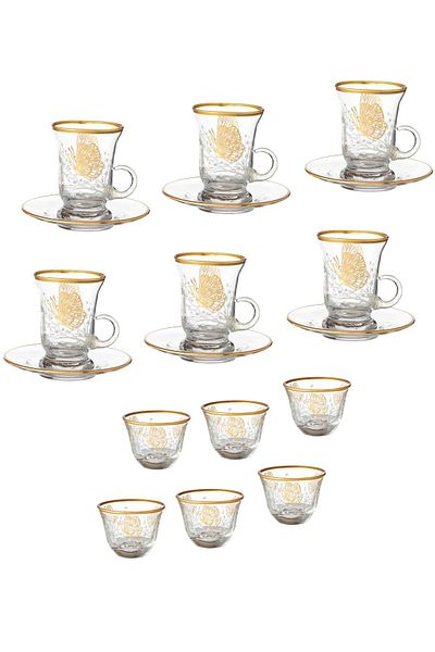 Byblos Tea set with saucers and Saudi coffee made of Turkish glass with golden decor