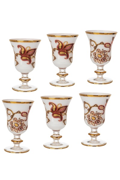 Dania مجموعة من 6 أكواب عصير زجاجية بيضاء مزينة بورود حمراء مطلية بالذهب، صنع في إيطاليا