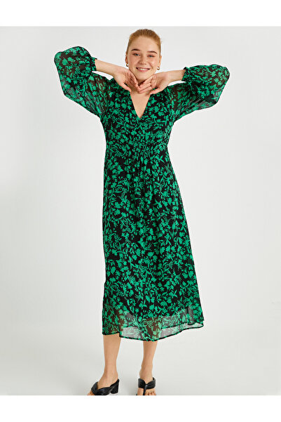 Koton Φόρεμα σιφόν μίντι μακρύ μανίκι με λαιμόκοψη V