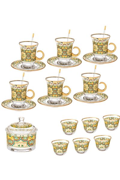 Byblos Turkish tea & coffee set  25 pcs, 6 tea cups 6 tea saucers 6 coffee cups 6  spoon 1 sugar spoon