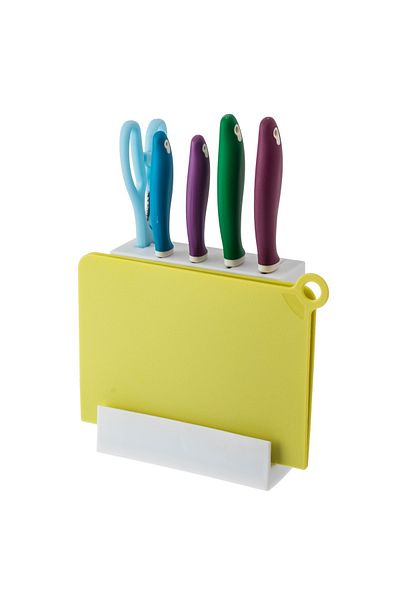 Dania A set of serving knives of different colors and sizes with a chopping board and scissors + a stand