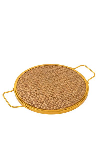 Dania A round porcelain tray with two handles and an iron frame