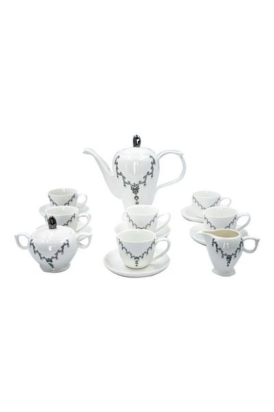 Dania 17-Piece Tea Set White/Grey 6x Tea Cups , 6x Tea Saucers , Teapot + Lid , Sugar + Lid Milk