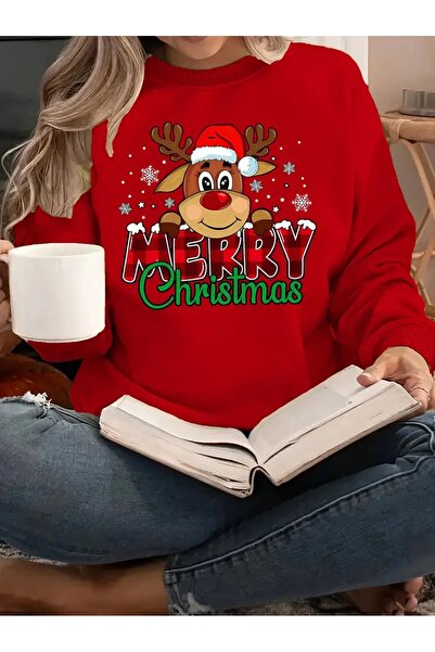 WOODROFFE سويت شيرت مطبوع عليه غزال عيد الميلاد المجيد ورقبة دائرية مقاس كبير باللونين الأسود والرمادي والأبيض