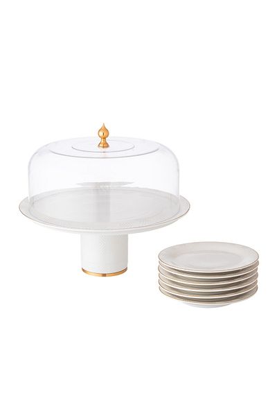 Dania A set for cakes and sweets, porcelain with a golden line pattern, 6 cake plates + 1 cake stand