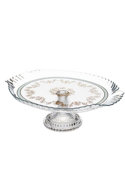 Pasabache A serving dish with a glass base with a golden and turquoise pattern for cake pastries and fruits