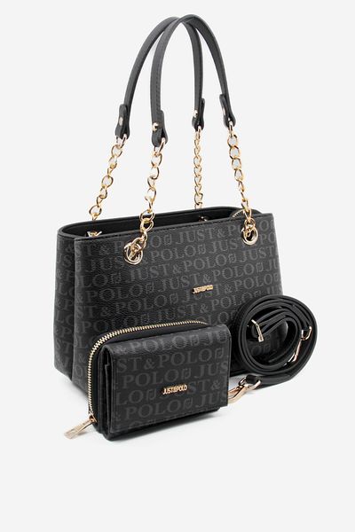 Just Polo Black Medium Size 4 Compartments Two Straps Women's Hand & Shoulder Bag & Wallet Combination 24X20Cm Pbu20102