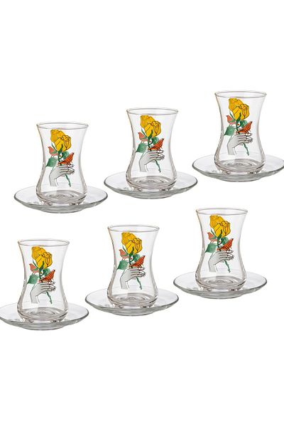 Dania A Modern Tea Set With Fashion Graphics Consisting of 6 glass tea cups + 6 porcelain tea saucers