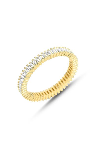 Gümüş  925 Ayar Gold Zirkon Beyaz Taşlı Baget Tamtur Kadın Yüzük
