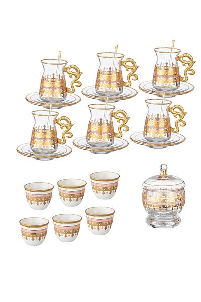 Byblos Turkish tea & coffee set, 25 pcs,  6 tea cups 6 tea saucers 6 coffee cups 6  spoon 1 sugar spoon