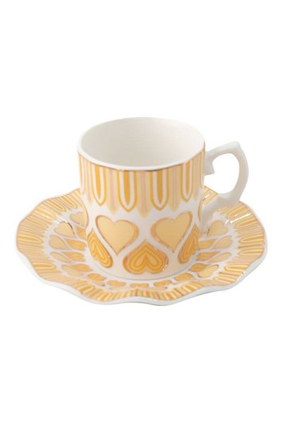 Dania 12-Piece Heart Printed Coffee Cup & Saucer Set Yellow/White/Gold 6x Coffee Cups 100 ml, 6x Saucer