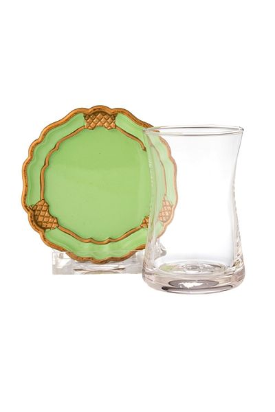 Dania A Set Of Glass Tea Cups With A Wooden Saucer For Green Color 6 Tea Cups + 6 Tea Saucers