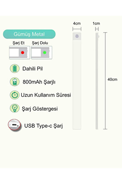 Store PLTECH 40cm Sensörlü Alüminyum USB Şarjlı LED Gece Lambası 3 Renk Kısılabilir Mutfak Dolap Tezgah