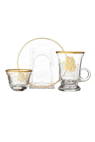 Byblos Tea set with saucers and Saudi coffee made of Turkish glass with golden decor