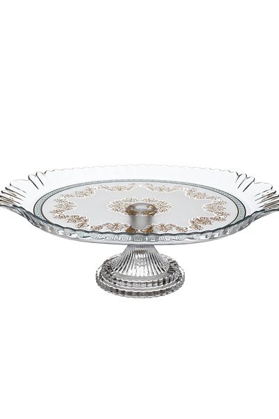 Pasabache A serving dish with a glass base with a golden and turquoise pattern for cake pastries and fruits