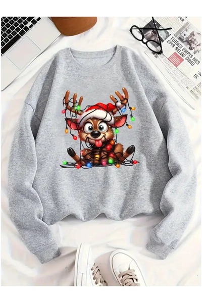 WOODROFFE سويت شيرت مطبوع عليه غزال عيد الميلاد المجيد ورقبة دائرية مقاس كبير...