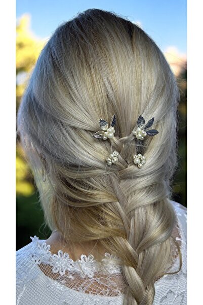 Eva Flore 4Pcs Silver Leaf Hair Accessory with Pearls for Bride - Bun and Wire Barrette