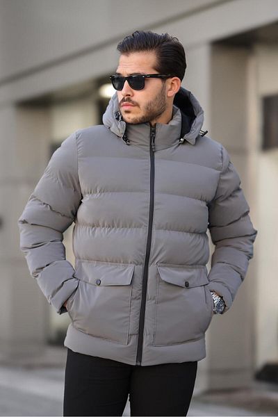 Mero Life Ανδρικό παλτό από γκρι Nova Fabric Slim Fit με κουκούλα, φουσκωτό δέρμα από άνθρακα