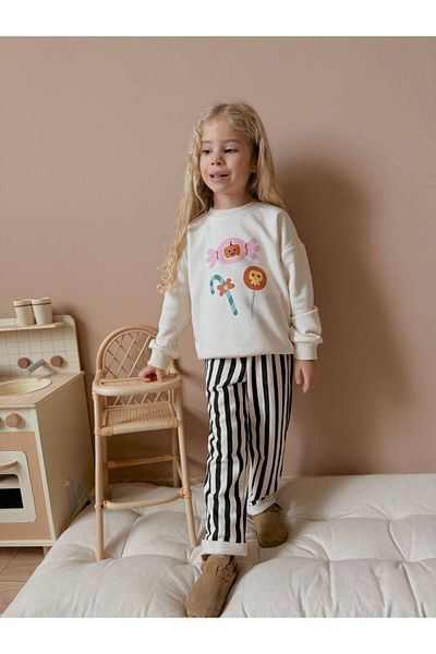 SACRO KİDS Candy Patterned Six-Line Tracksuit-Sweatshirt 3 Thread Winter Girl's Suit